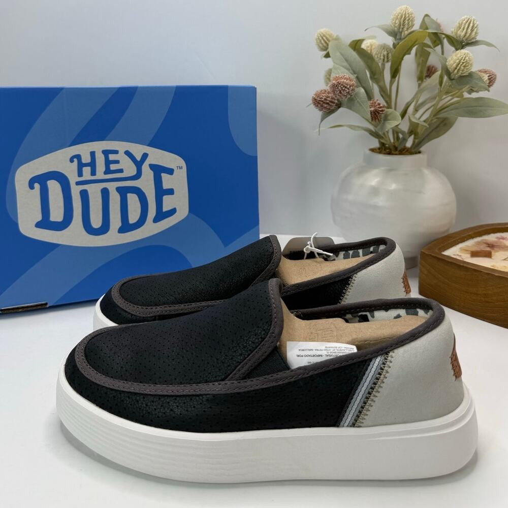 Hey Dude Sunapee Perf Leather Sporty Shoes Black/Gray Women 7 NWB